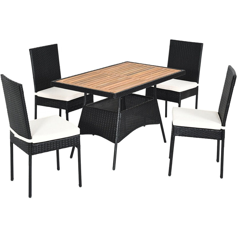 5 Pcs Wicker Patio Dining Set with Acacia Wood Table & Outdoor Rattan Chairs