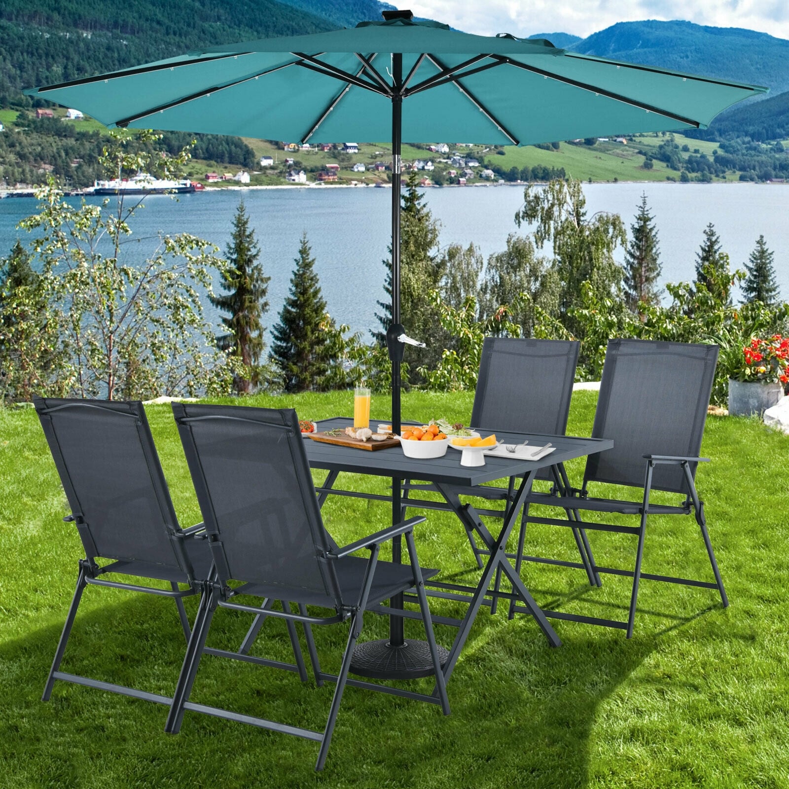 5 Piece Patio Dining Set Outdoor Dining Furniture Folding Table with 4 Armchairs & Umbrella Hole