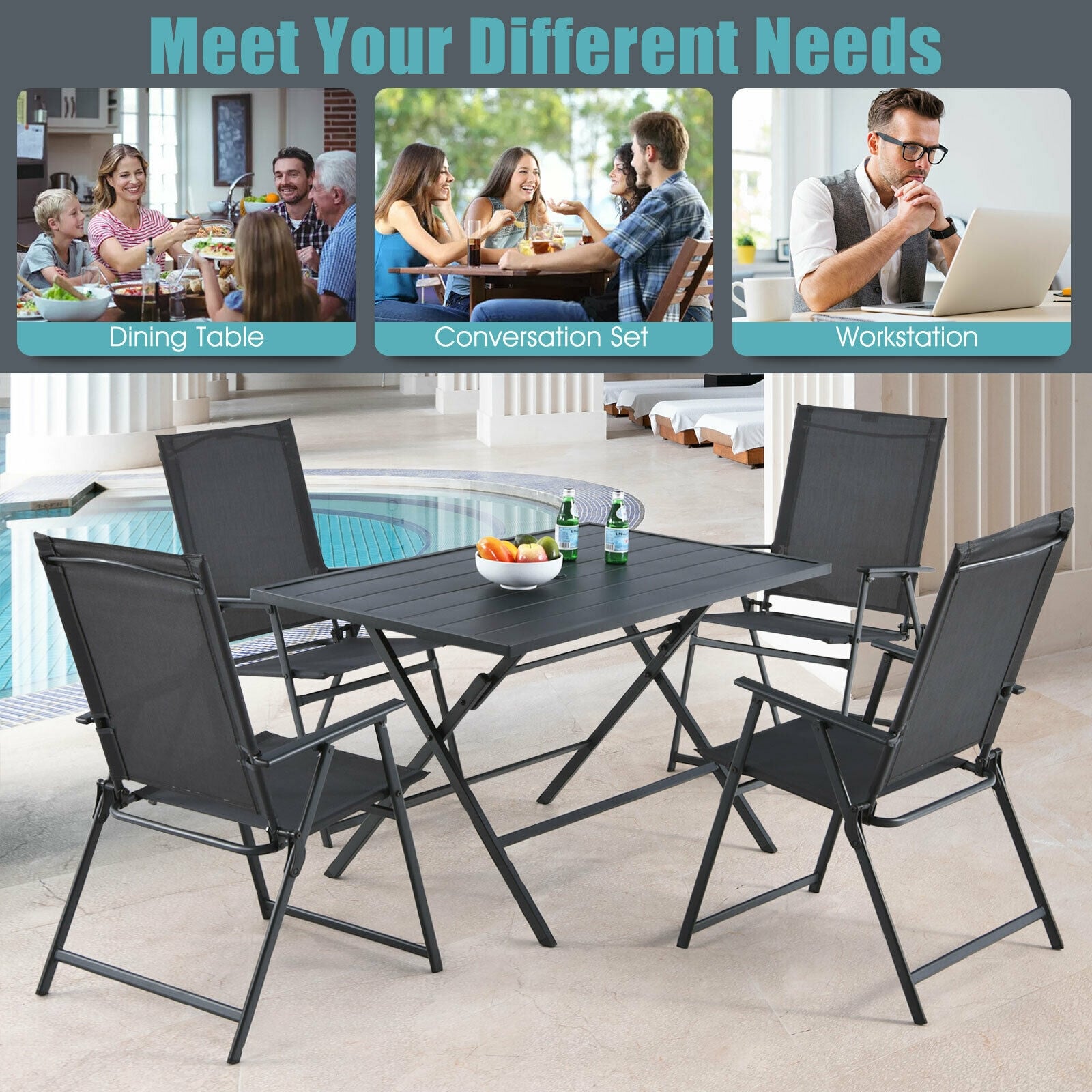 5 Piece Patio Dining Set Outdoor Dining Furniture Folding Table with 4 Armchairs & Umbrella Hole