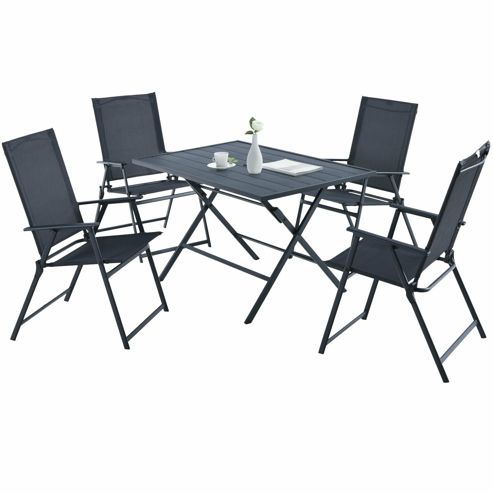 5 Piece Patio Dining Set Outdoor Dining Furniture Folding Table with 4 Armchairs & Umbrella Hole