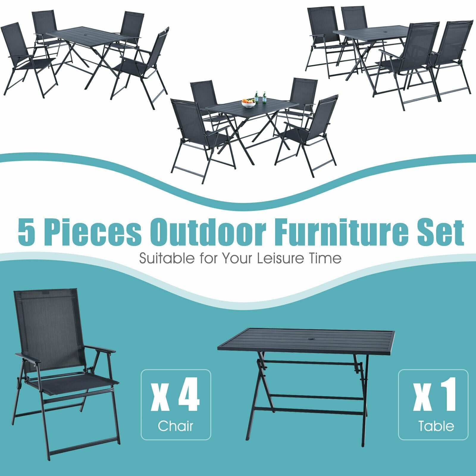 5 Piece Patio Dining Set Outdoor Dining Furniture Folding Table with 4 Armchairs & Umbrella Hole