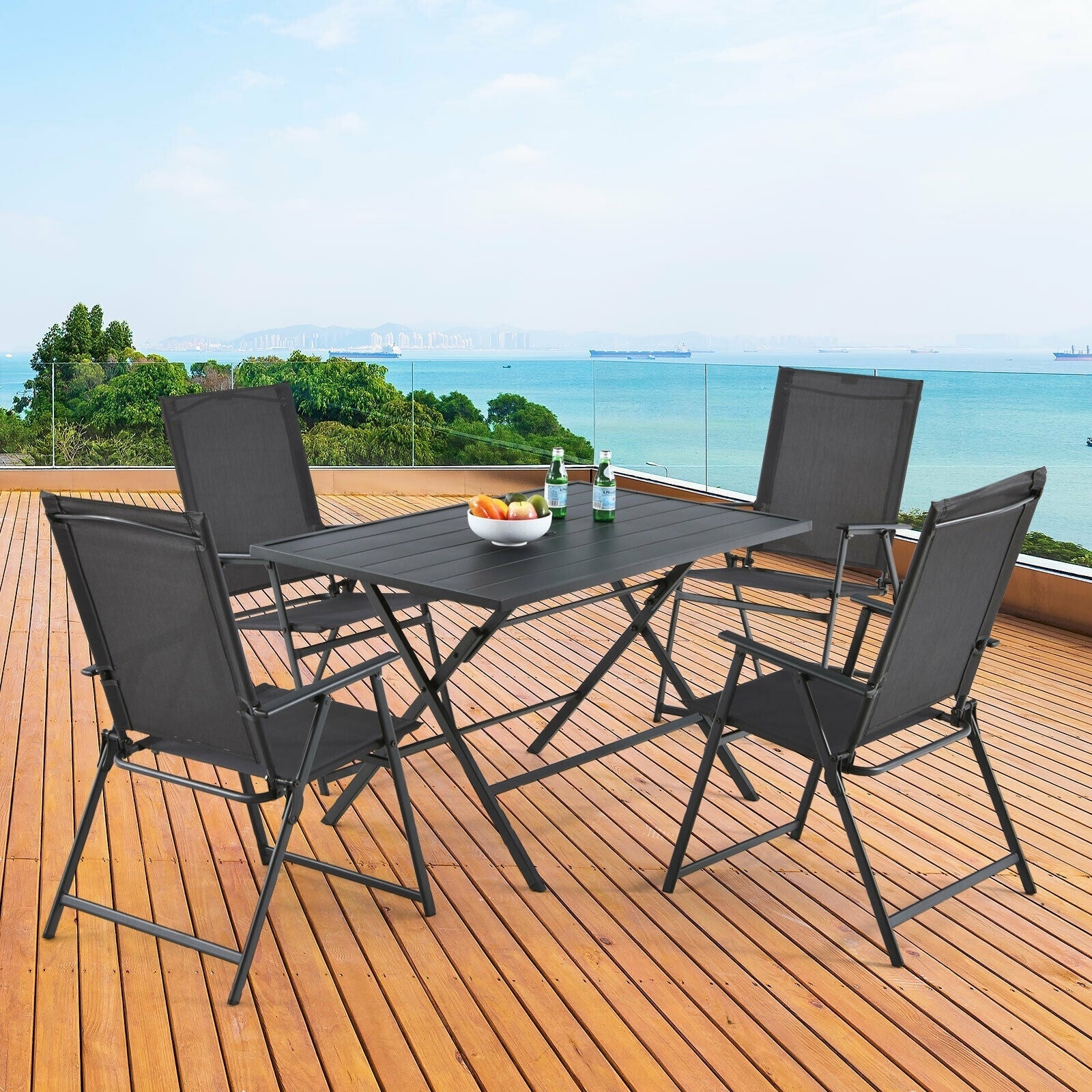 5 Piece Patio Dining Set Outdoor Dining Furniture Folding Table with 4 Armchairs & Umbrella Hole