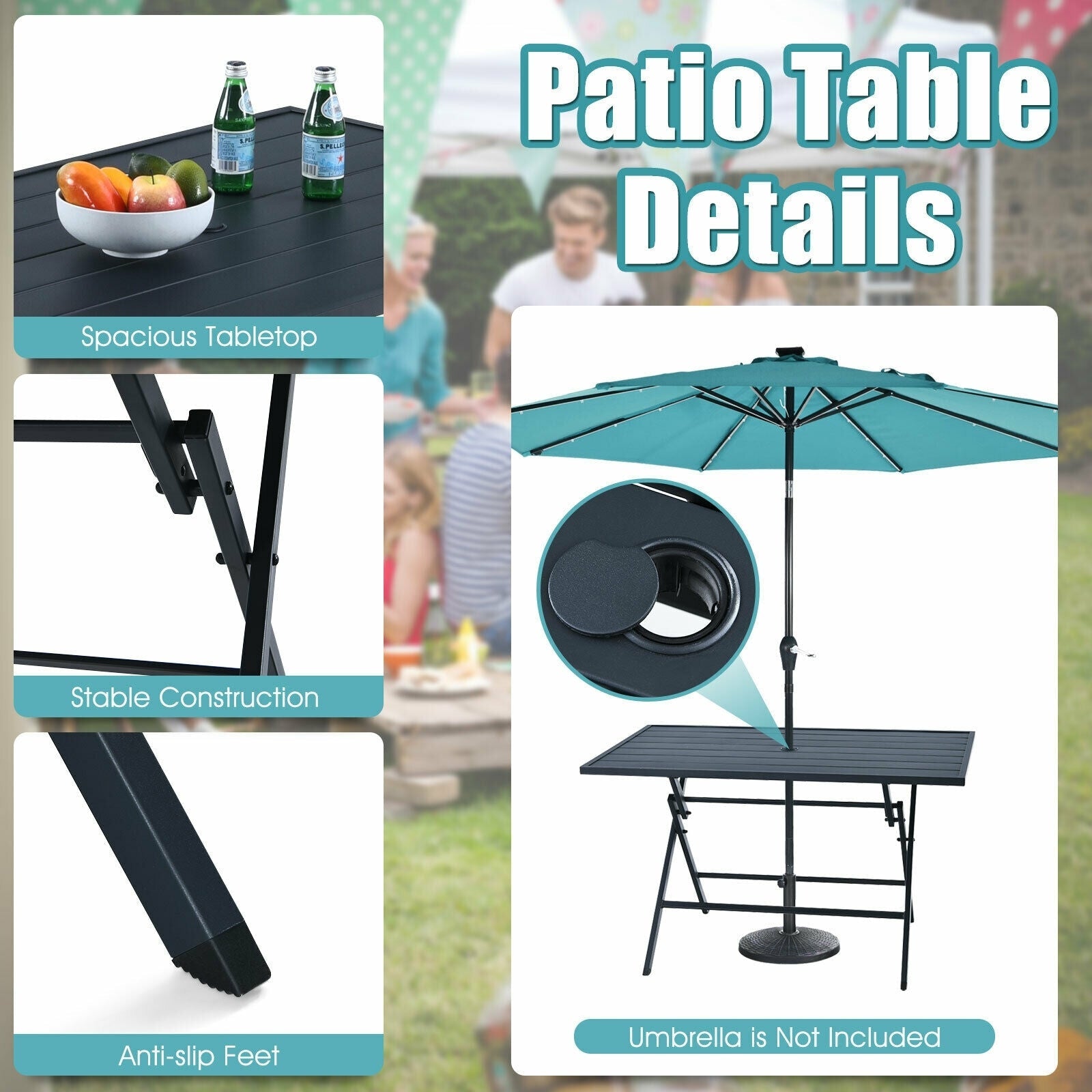 5 Piece Patio Dining Set Outdoor Dining Furniture Folding Table with 4 Armchairs & Umbrella Hole