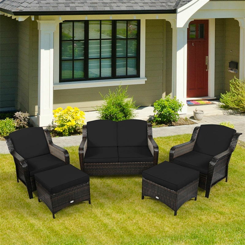 5 Piece Patio Rattan Furniture Wicker Conversation Set Sectional Sofa Set with Cushions & Ottoman