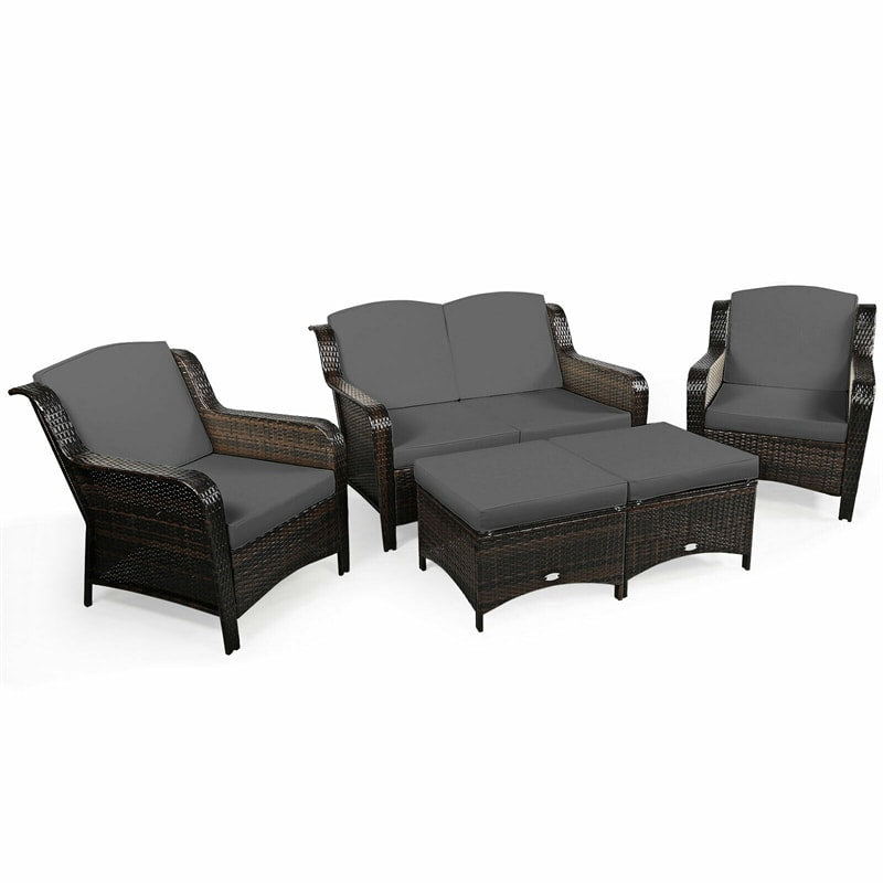 5 Piece Patio Rattan Furniture Wicker Conversation Set Sectional Sofa Set with Cushions & Ottoman