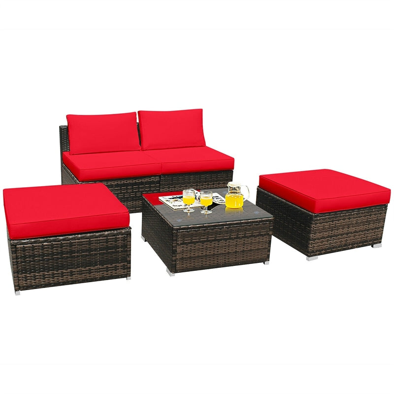 5 Piece Wicker Rattan Outdoor Furniture Set Armless Chairs Ottomans Coffee Table with Soft Cushions