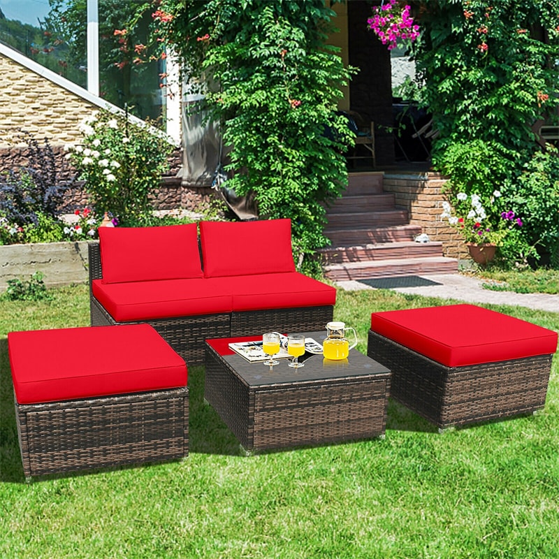 5 Piece Wicker Rattan Outdoor Furniture Set Armless Chairs Ottomans Coffee Table with Soft Cushions