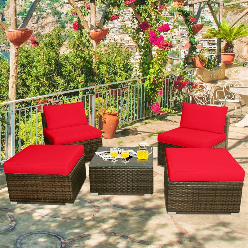 5 Piece Wicker Rattan Outdoor Furniture Set Armless Chairs Ottomans Coffee Table with Soft Cushions