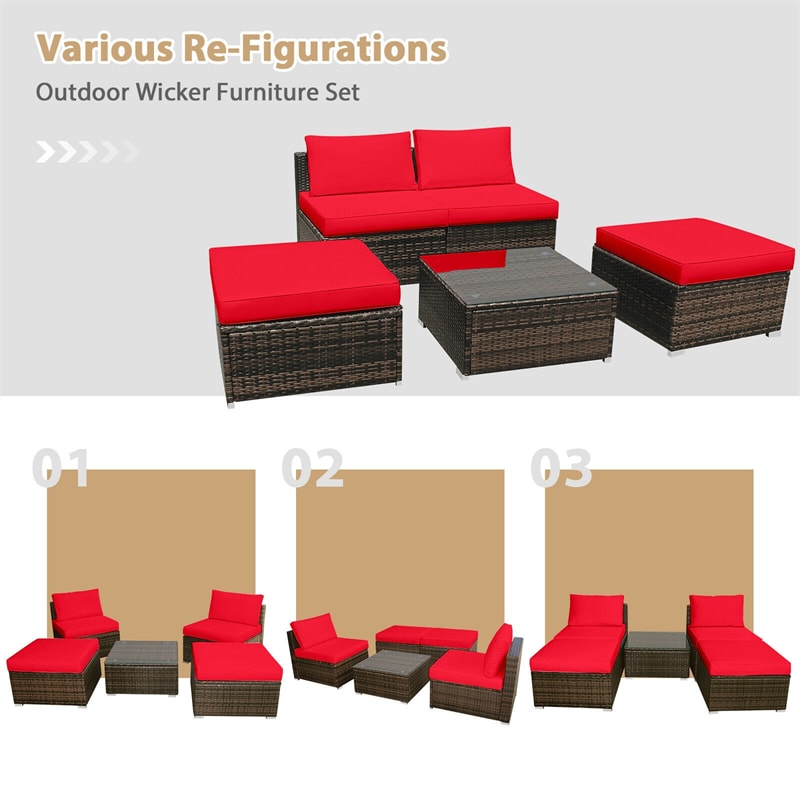 5 Piece Wicker Rattan Outdoor Furniture Set Armless Chairs Ottomans Coffee Table with Soft Cushions