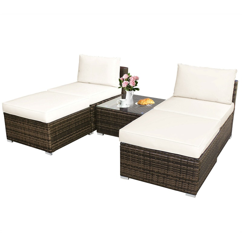 5 Piece Wicker Rattan Outdoor Furniture Set Armless Chairs Ottomans Coffee Table with Soft Cushions