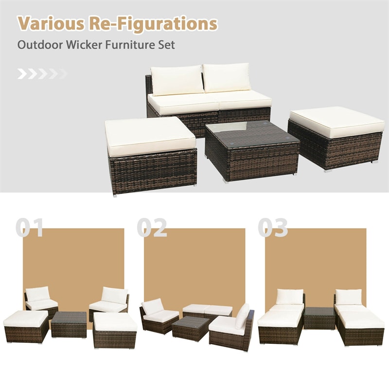 5 Piece Wicker Rattan Outdoor Furniture Set Armless Chairs Ottomans Coffee Table with Soft Cushions