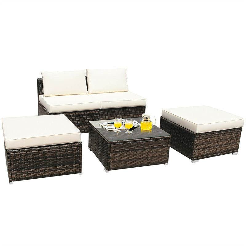 5 Piece Wicker Rattan Outdoor Furniture Set Armless Chairs Ottomans Coffee Table with Soft Cushions