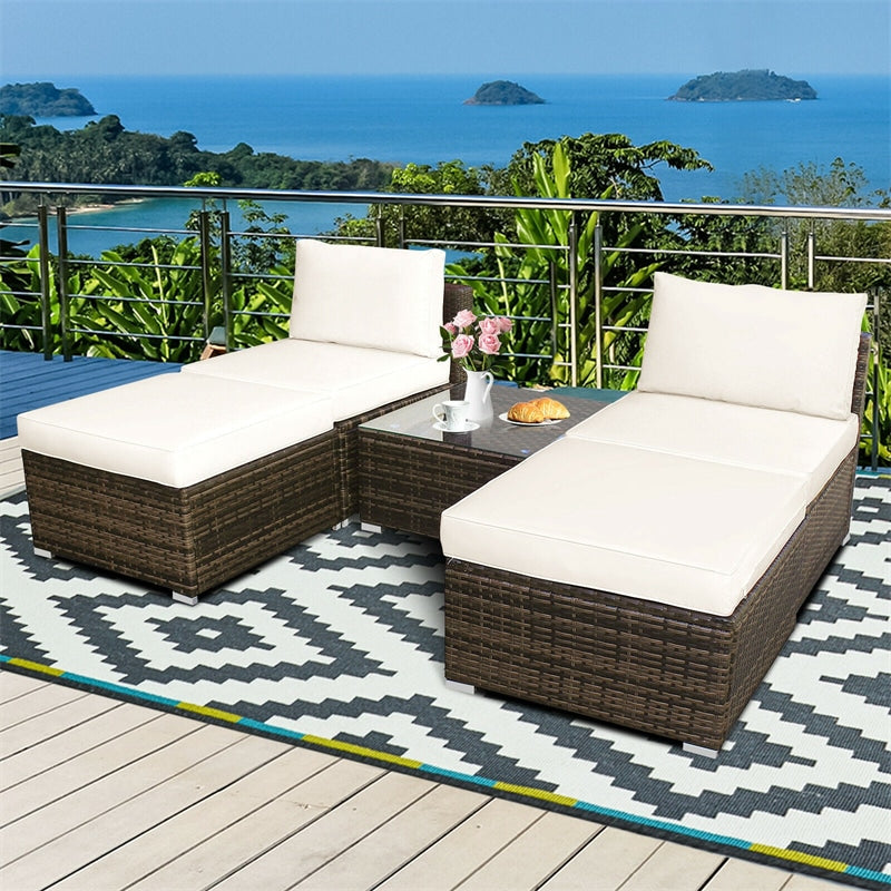 5 Piece Wicker Rattan Outdoor Furniture Set Armless Chairs Ottomans Coffee Table with Soft Cushions