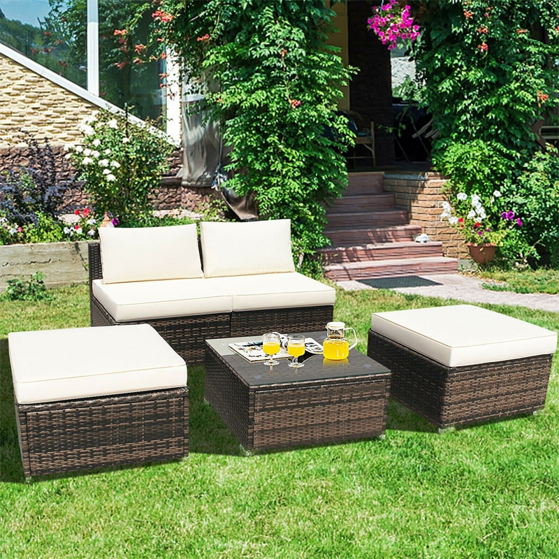 5 Piece Wicker Rattan Outdoor Furniture Set Armless Chairs Ottomans Coffee Table with Soft Cushions