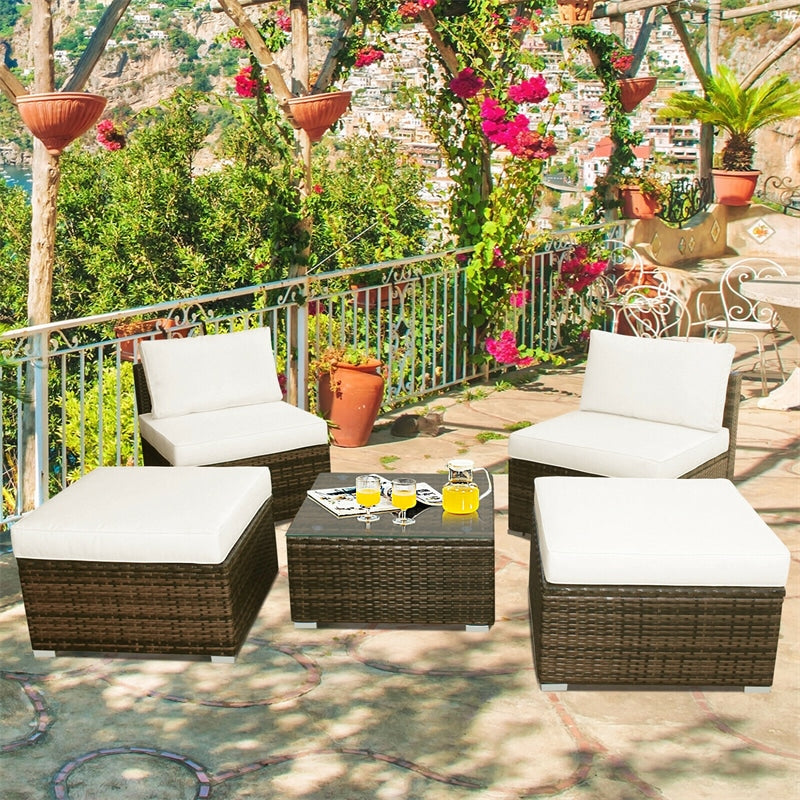 5 Piece Wicker Rattan Outdoor Furniture Set Armless Chairs Ottomans Coffee Table with Soft Cushions