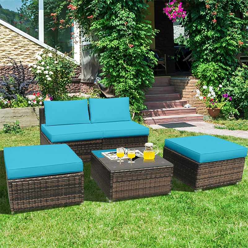 5 Piece Wicker Rattan Outdoor Furniture Set Armless Chairs Ottomans Coffee Table with Soft Cushions