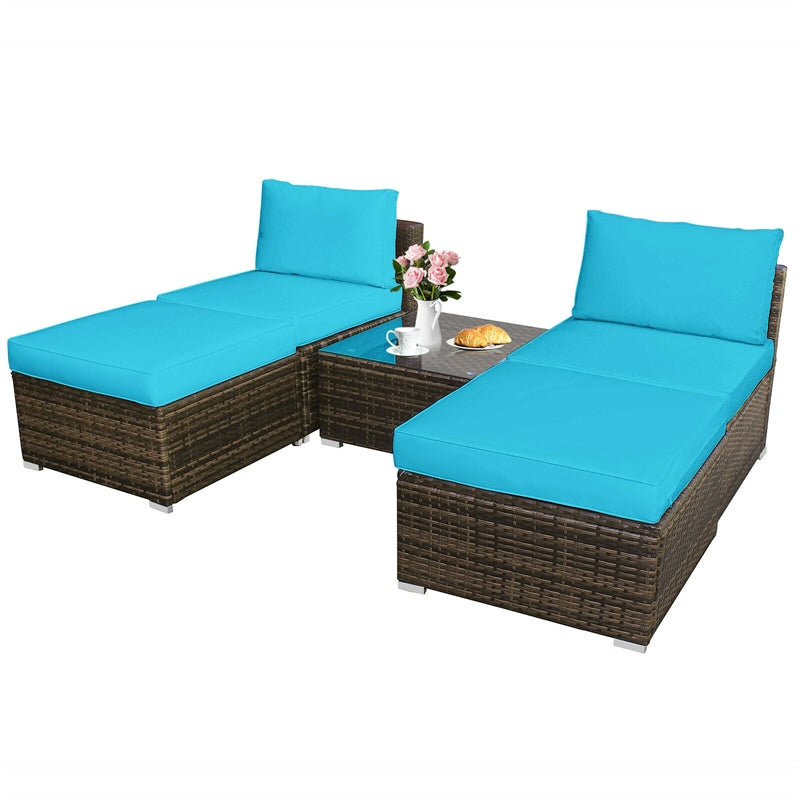 5 Piece Wicker Rattan Outdoor Furniture Set Armless Chairs Ottomans Coffee Table with Soft Cushions