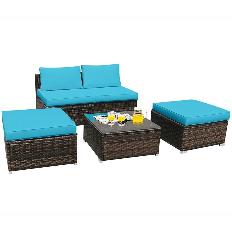 5 Piece Wicker Rattan Outdoor Furniture Set Armless Chairs Ottomans Coffee Table with Soft Cushions