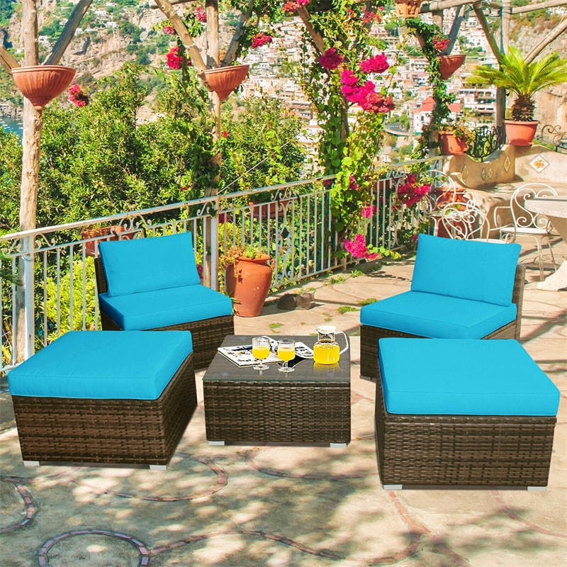 5 Piece Wicker Rattan Outdoor Furniture Set Armless Chairs Ottomans Coffee Table with Soft Cushions