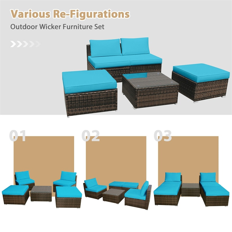 5 Piece Wicker Rattan Outdoor Furniture Set Armless Chairs Ottomans Coffee Table with Soft Cushions