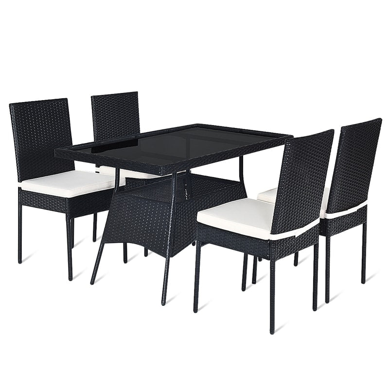 5 Piece Wicker Outdoor Dining Set Black PE Rattan Patio Furniture Set with Glass Top Table & 4 Cushioned Chairs