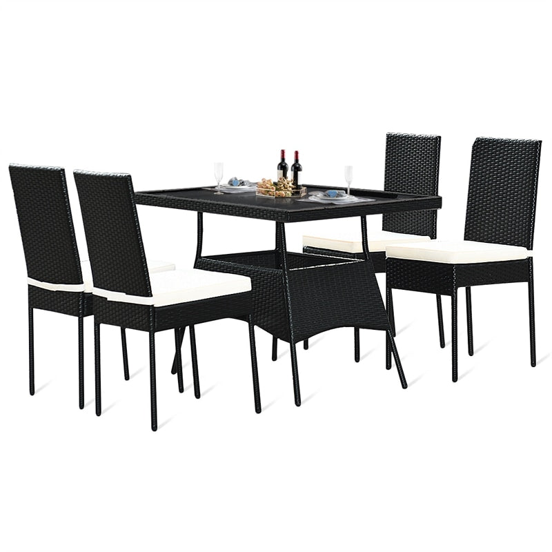 5 Piece Wicker Outdoor Dining Set Black PE Rattan Patio Furniture Set with Glass Top Table & 4 Cushioned Chairs