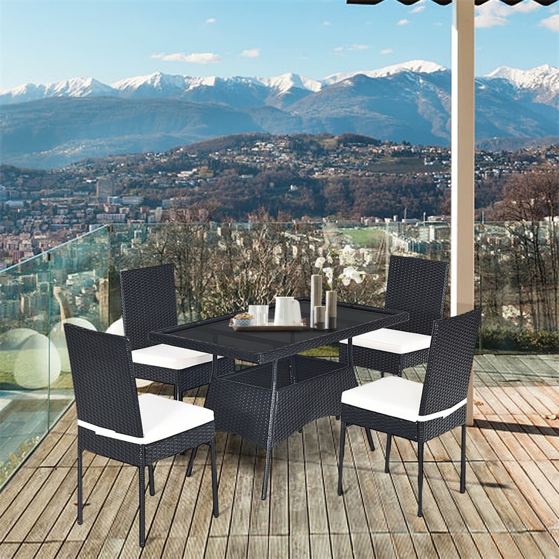 5 Piece Wicker Outdoor Dining Set Black PE Rattan Patio Furniture Set with Glass Top Table & 4 Cushioned Chairs