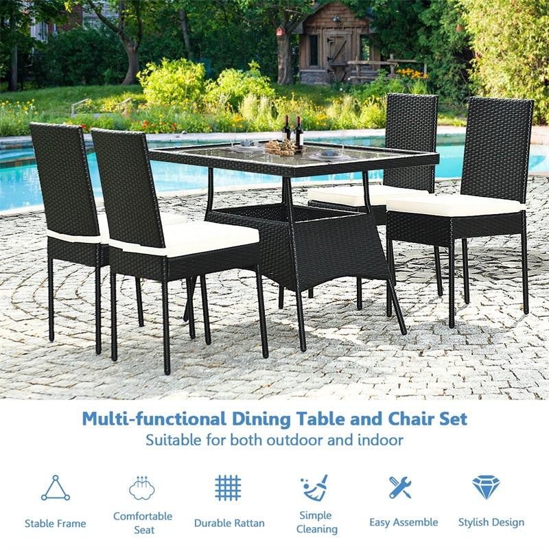 5 Piece Wicker Outdoor Dining Set Black PE Rattan Patio Furniture Set with Glass Top Table & 4 Cushioned Chairs