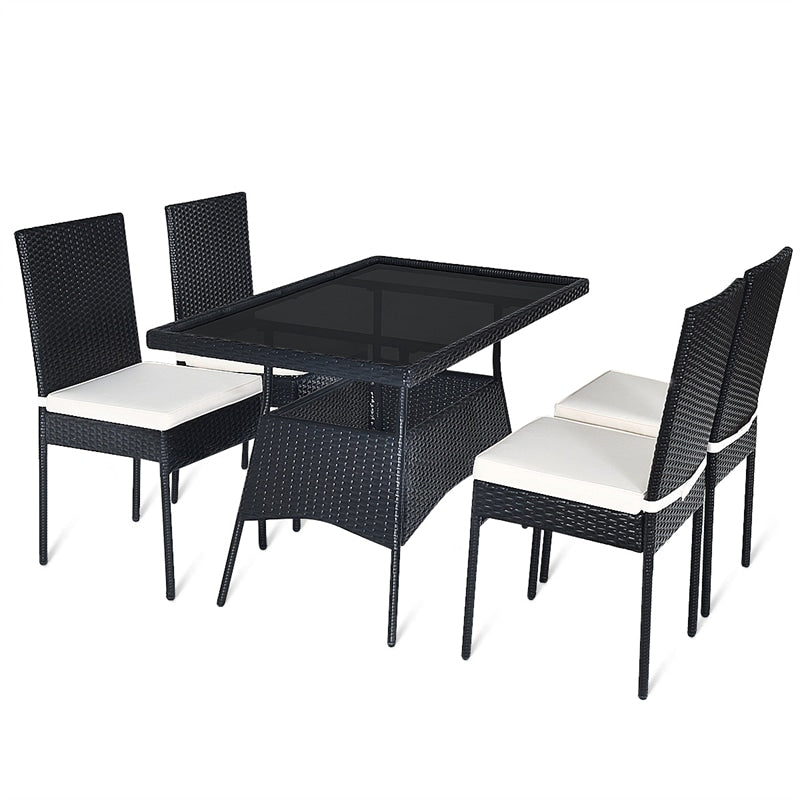 5 Piece Wicker Outdoor Dining Set Black PE Rattan Patio Furniture Set with Glass Top Table & 4 Cushioned Chairs