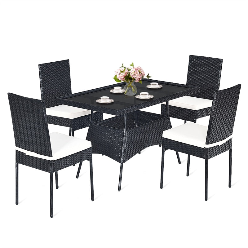 5 Piece Wicker Outdoor Dining Set Black PE Rattan Patio Furniture Set with Glass Top Table & 4 Cushioned Chairs