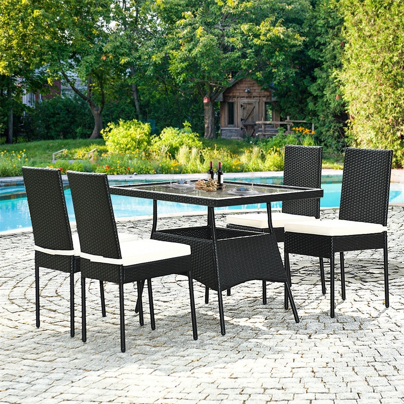 5 Piece Wicker Outdoor Dining Set Black PE Rattan Patio Furniture Set with Glass Top Table & 4 Cushioned Chairs