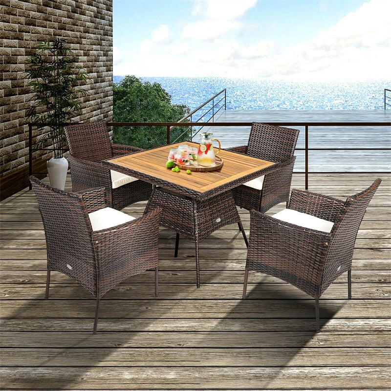 5 Piece Wicker Patio Dining Table Set Rattan Furniture Set with Cushioned Armchairs & Umbrella Hole