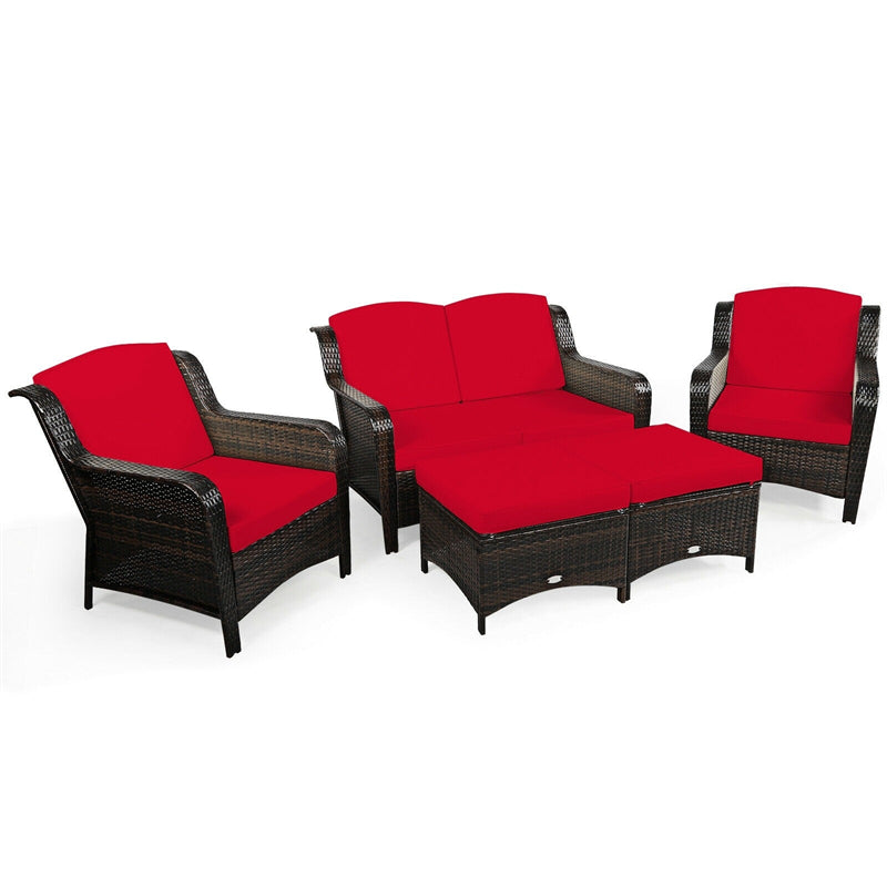 5 Piece Patio Rattan Furniture Wicker Conversation Set Sectional Sofa Set with Cushions & Ottoman