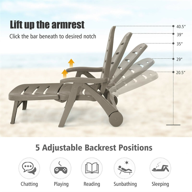 Folding Outdoor Chaise Lounge Chair 5 Position Adjustable Reclining Poolside Deck Lounger with Wheels