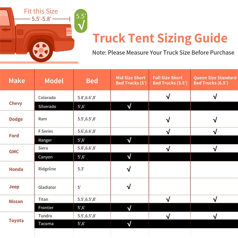 2-Person Pickup Truck Tent 5’-5.2’ Portable Truck Bed Tent with Removable Rainfly & Carrying Bag