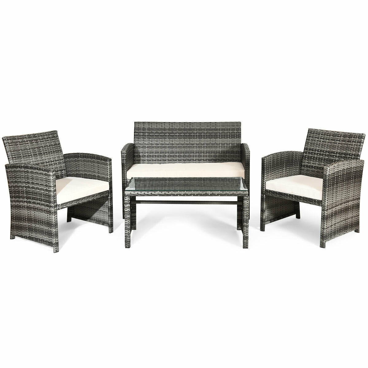 4 Pieces Patio Rattan Furniture Set with Glass Table and Loveseat