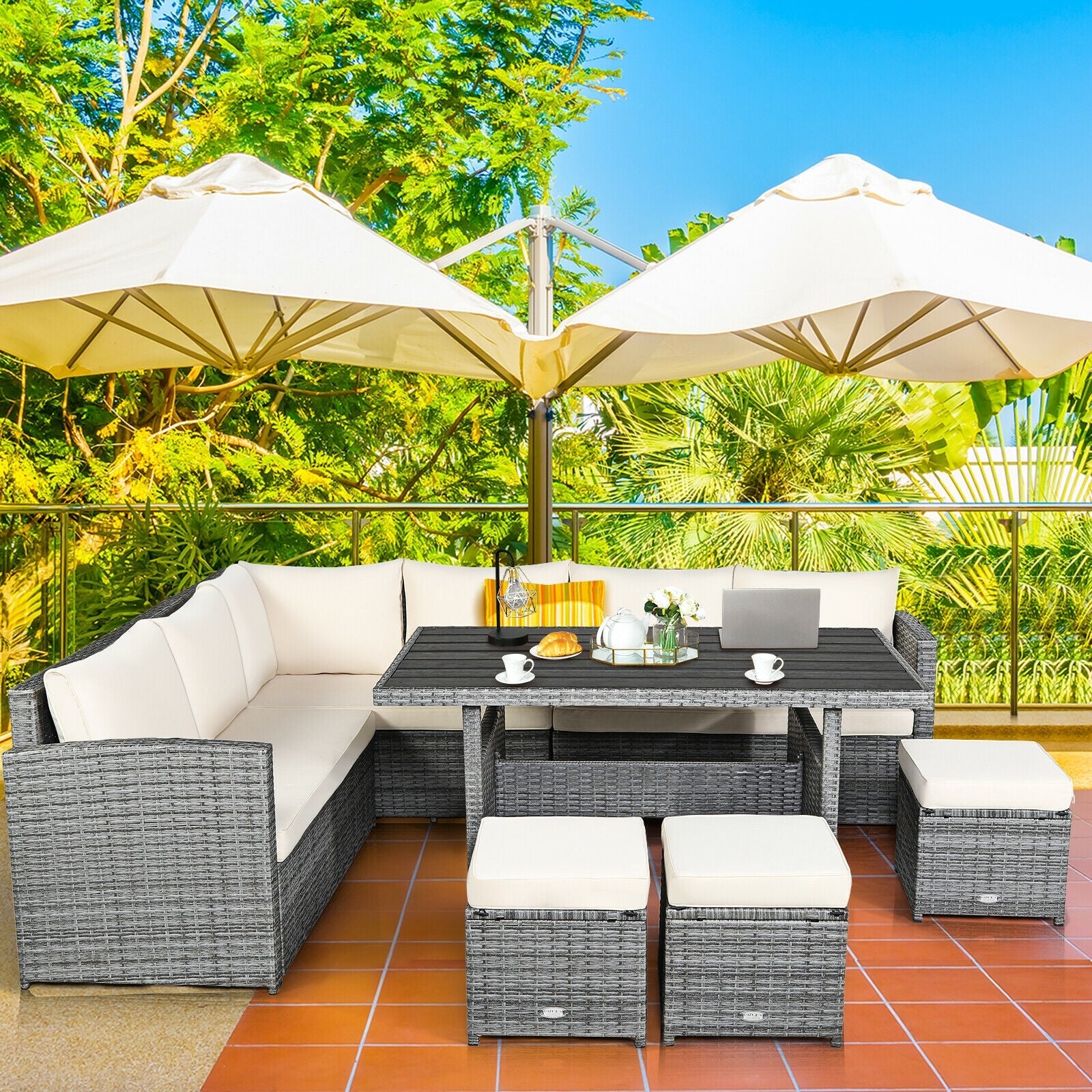 7 Pieces Outdoor Wicker Sectional Sofa Set with Dining Table and Cushion