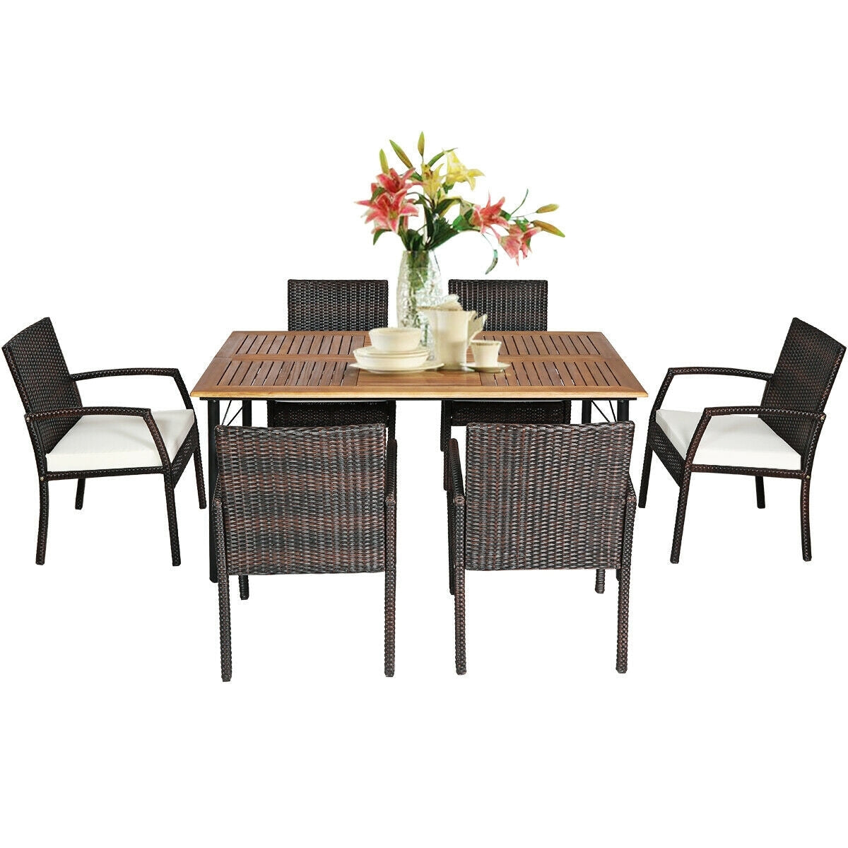 7 Pieces Patio Rattan Cushioned Dining Set with Umbrella Hole