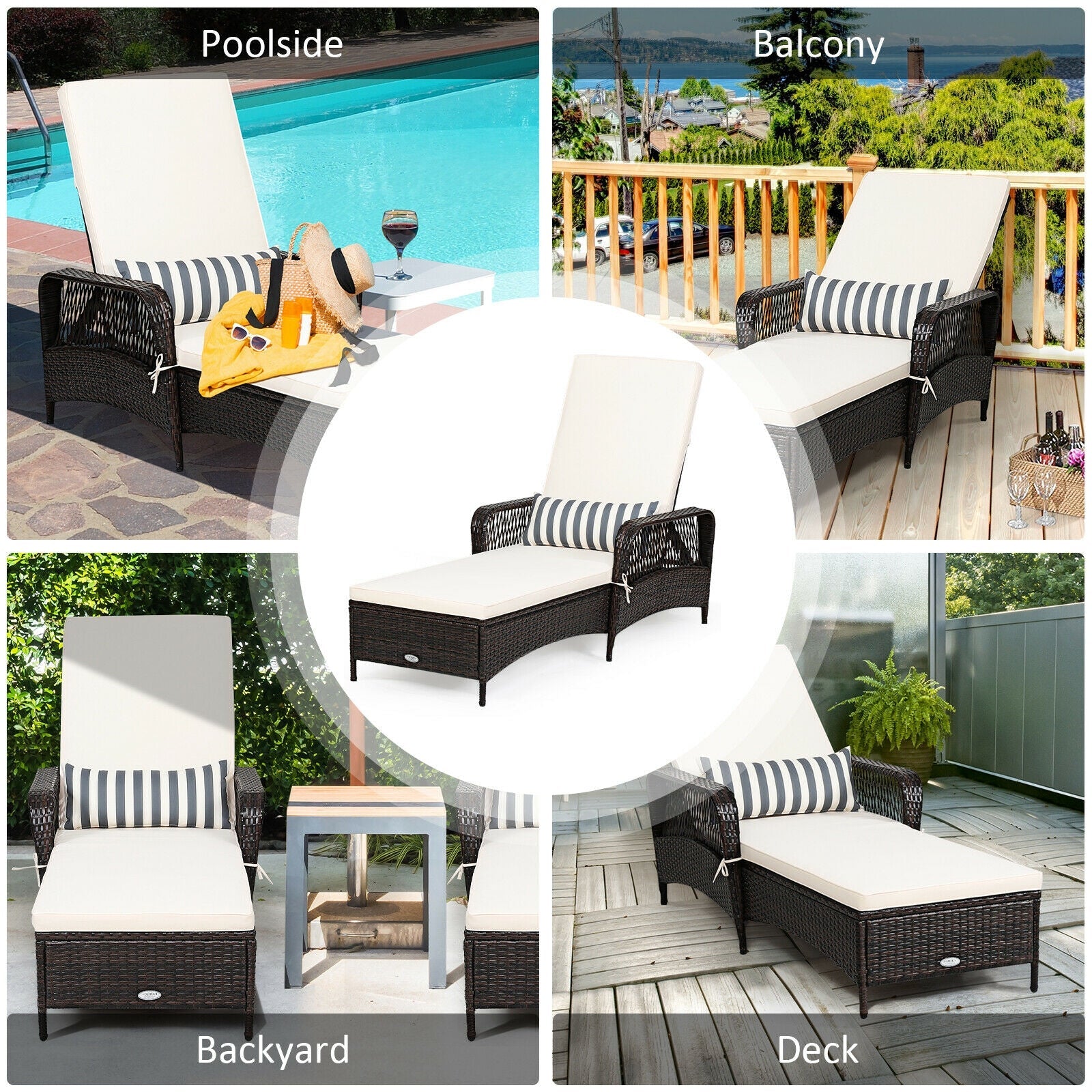 Patio Wicker Chaise Lounge Chair with Pillow and Adjustable Backrest