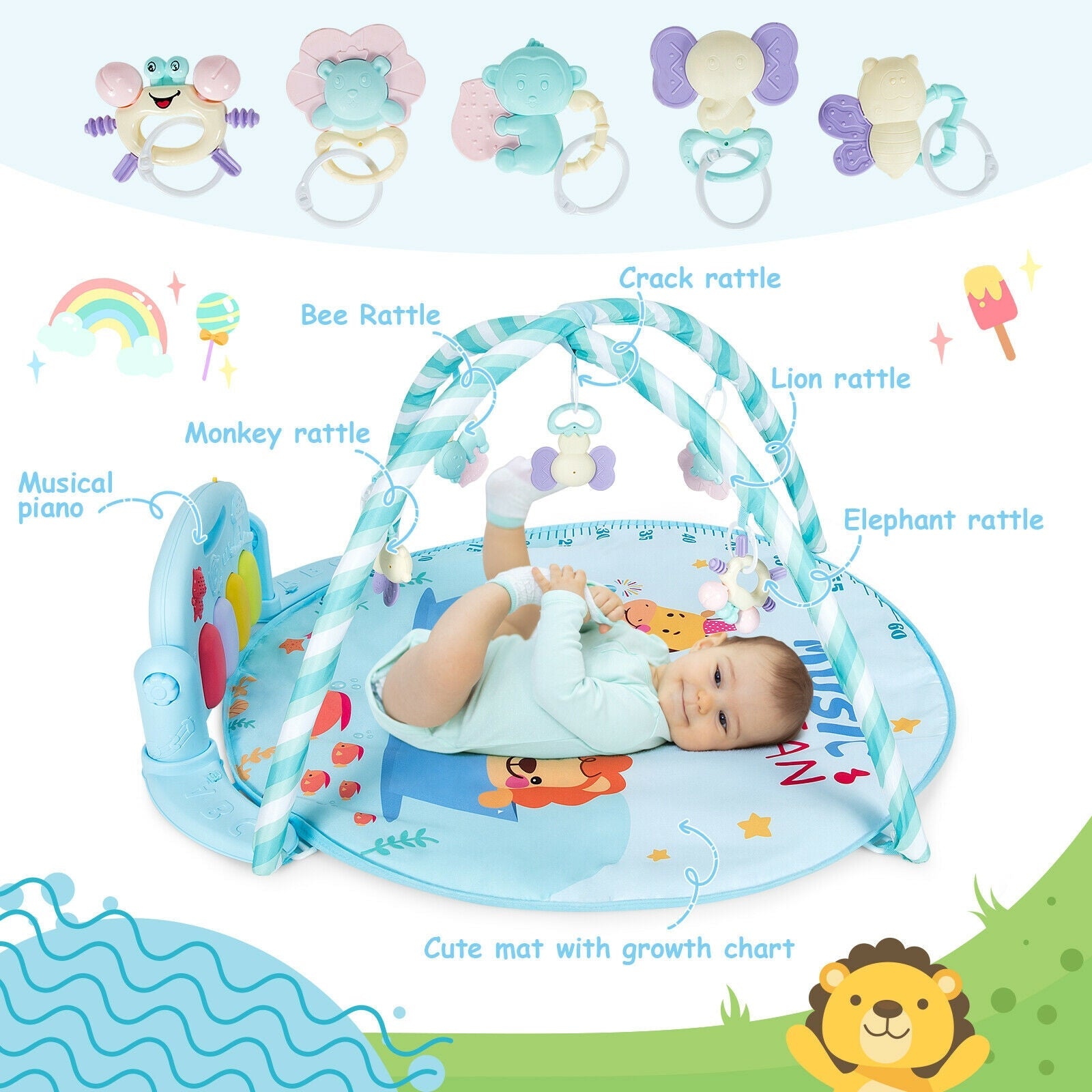 Baby Activity Play Mat with 5 Hanging Sensory Toys and Cushion