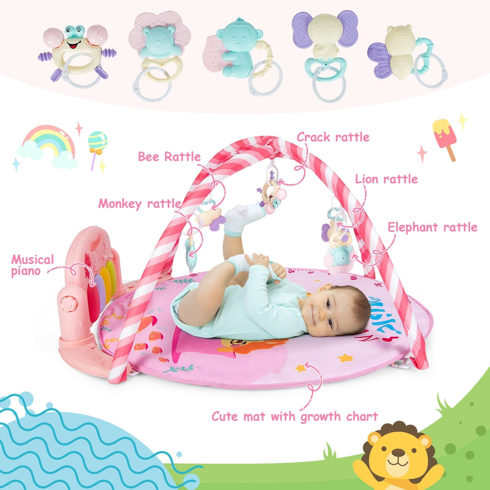 Baby Activity Play Mat with 5 Hanging Sensory Toys and Cushion