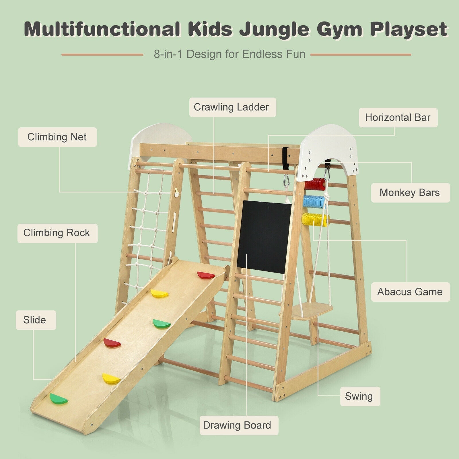 Indoor Playground Climbing Gym Wooden 8 in 1 Climber Playset for Children