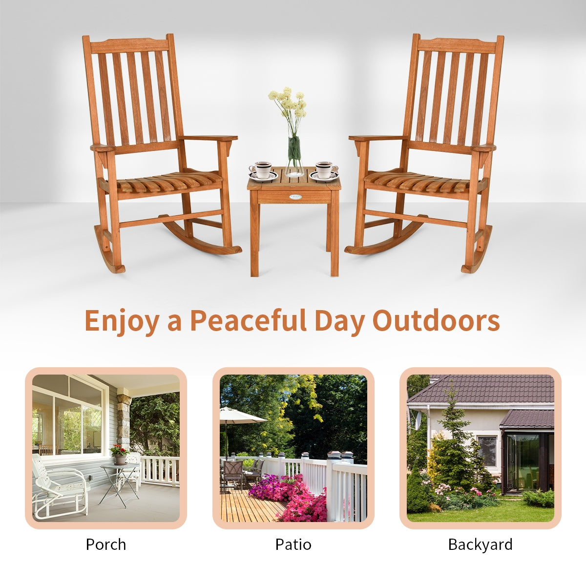 3 Pieces Eucalyptus Rocking Chair Set with Coffee Table for Outdoor Patio and Garden