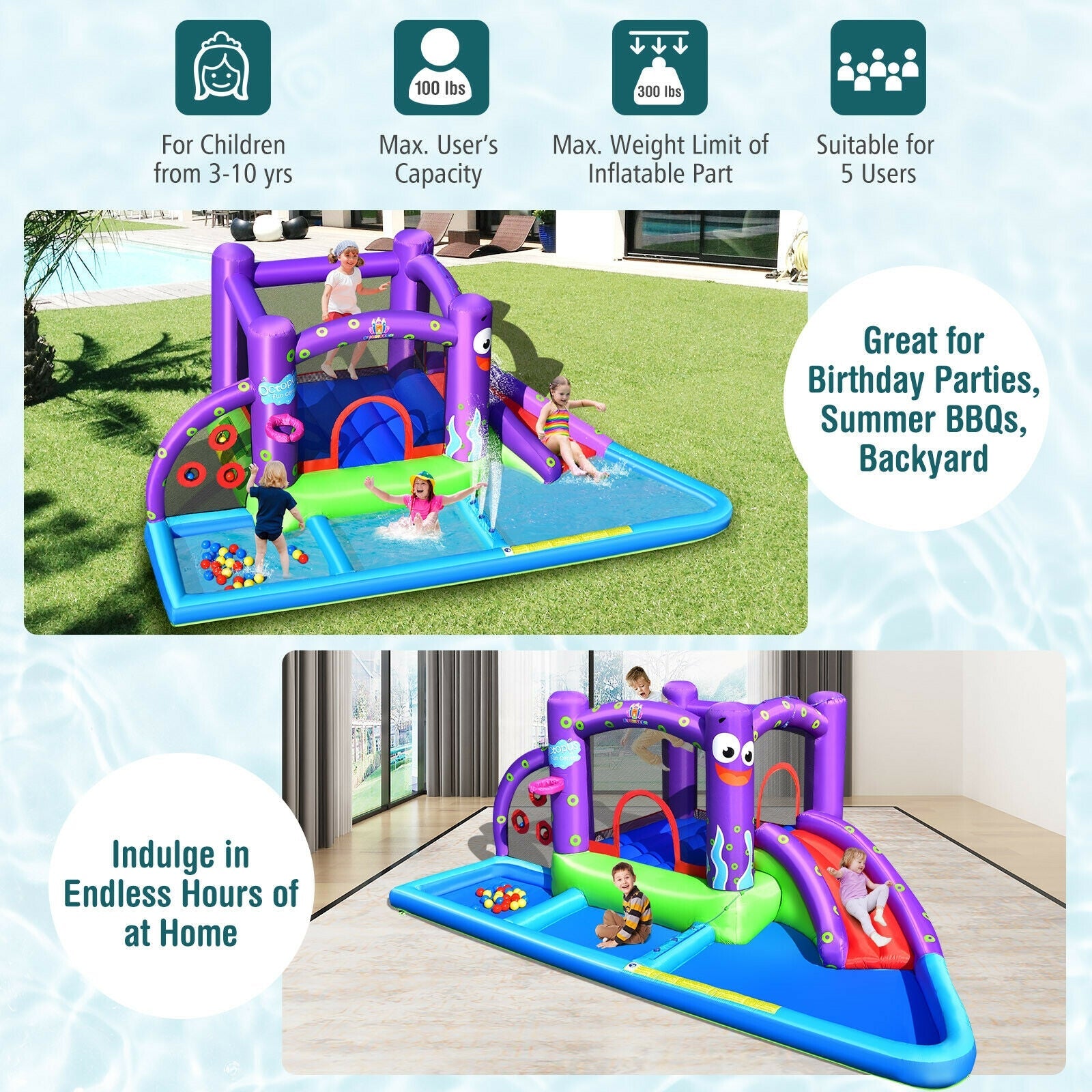 Inflatable Bounce House Castle Water Slide Park with Splash Pool and 750W Blower