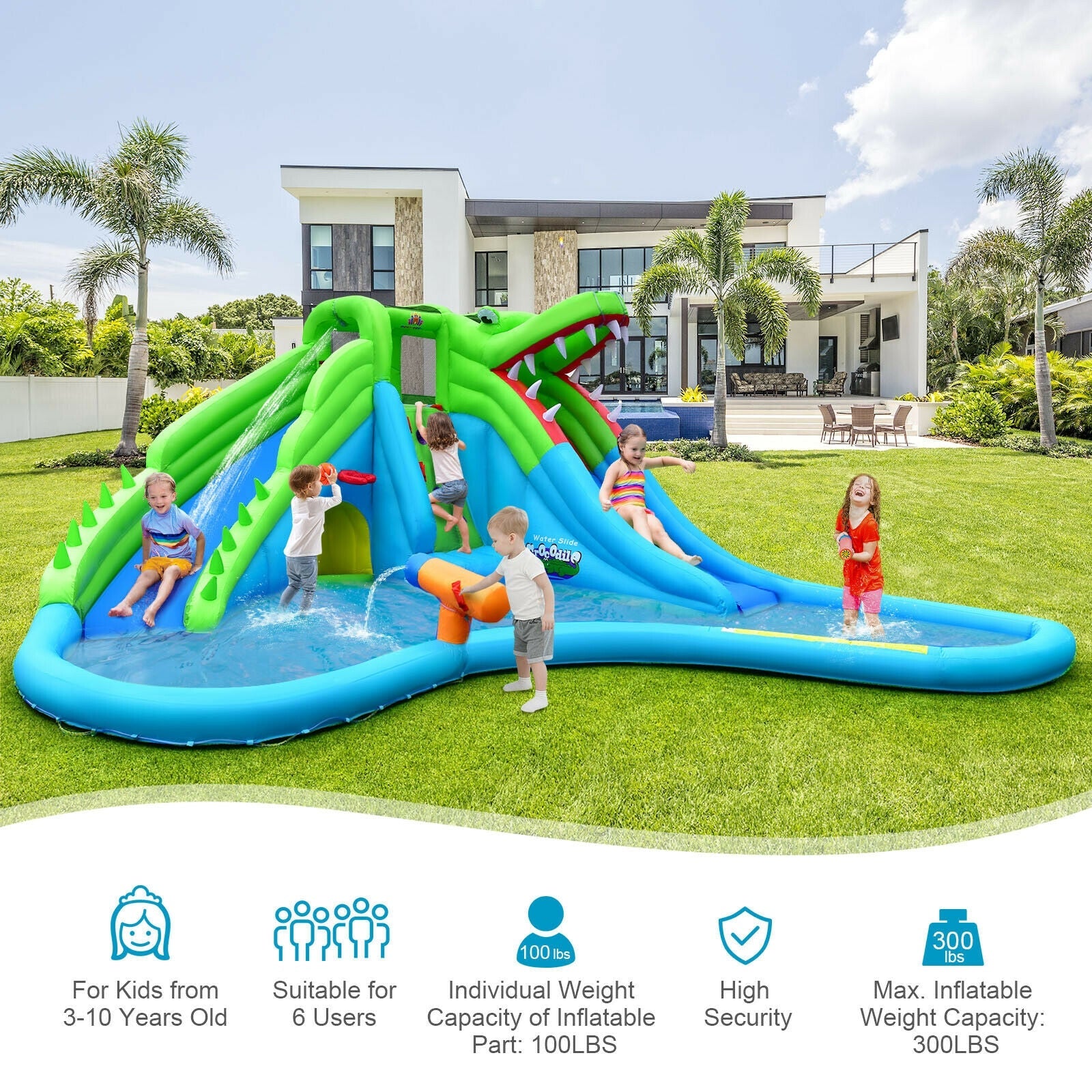 Inflatable Crocodile Style Water Slide Upgraded Kids Bounce Castle with 780W Blower