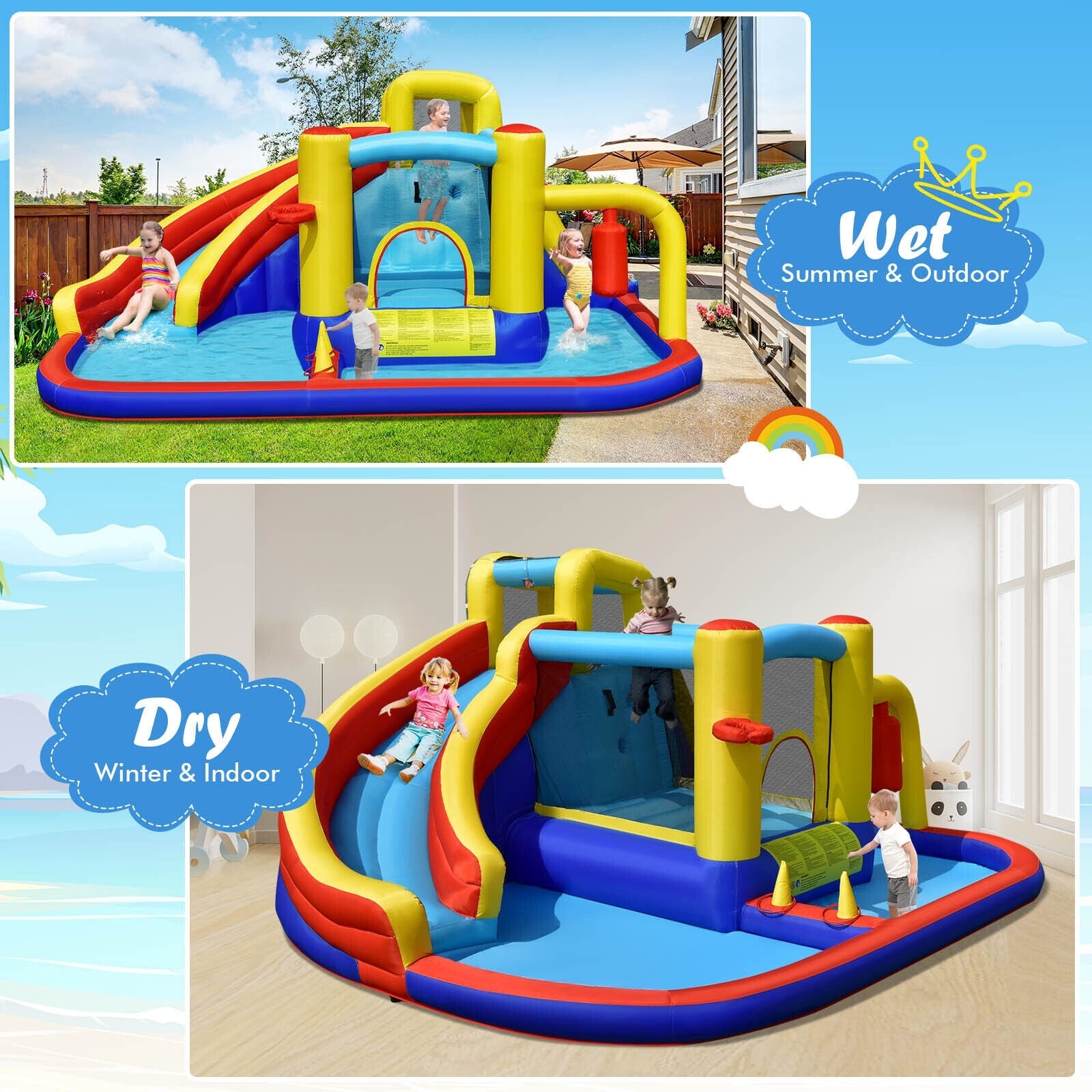 7-in-1 Inflatable Water Slide Bounce Castle Without Blower