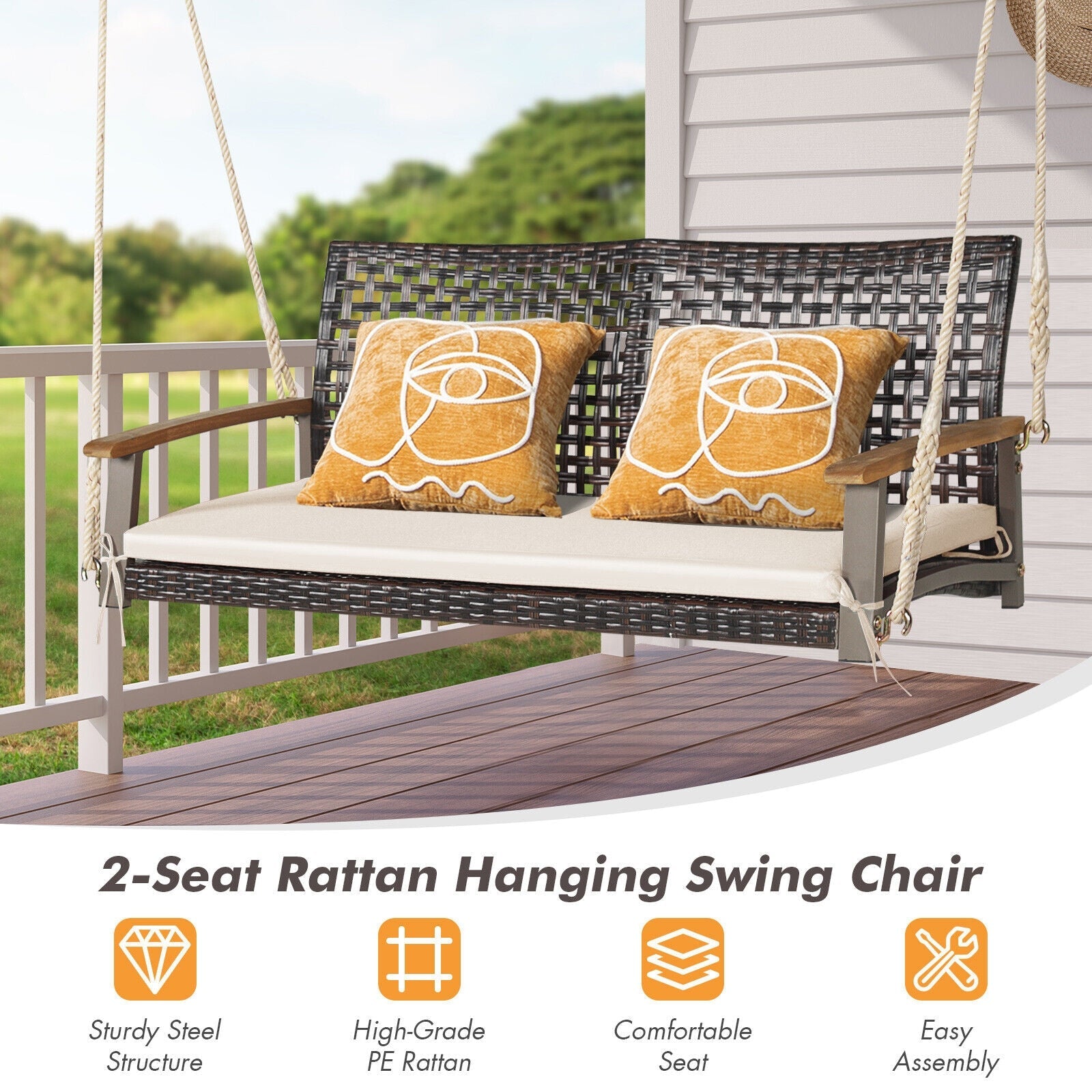 2-Person Rattan Hanging Porch Swing Chair for Patio & Pool