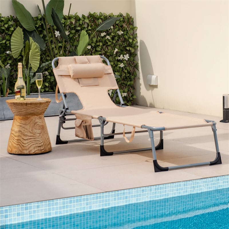 Folding Beach Lounge Chair 5-Position Adjustable Outdoor Tanning Chair with Pillow