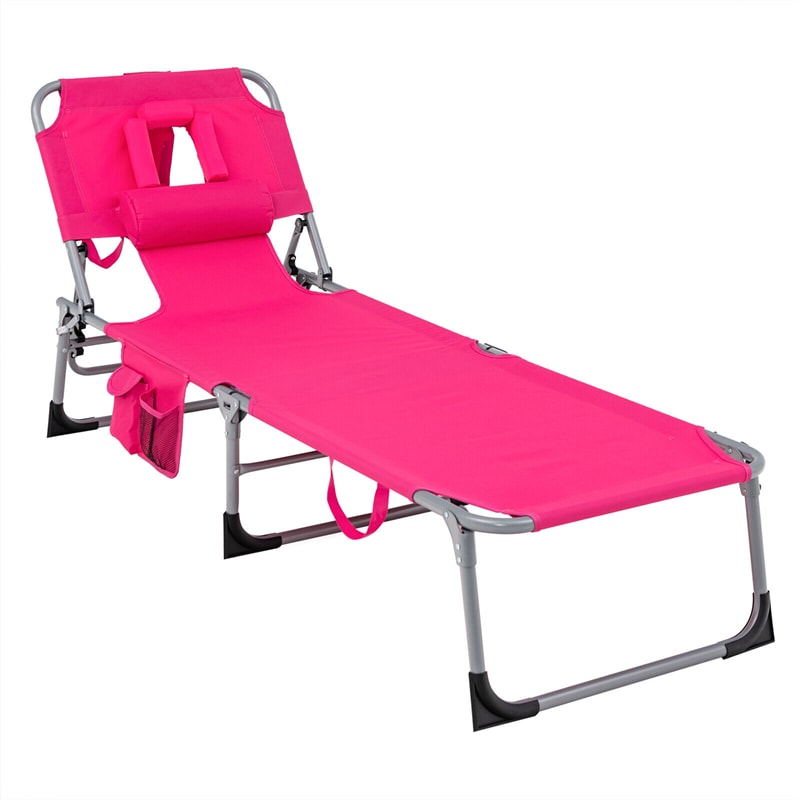 Folding Beach Lounge Chair 5-Position Adjustable Outdoor Tanning Chair with Pillow