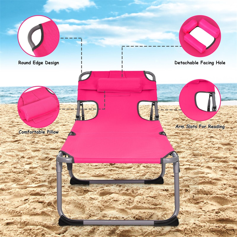 Folding Beach Lounge Chair 5-Position Adjustable Outdoor Tanning Chair with Pillow